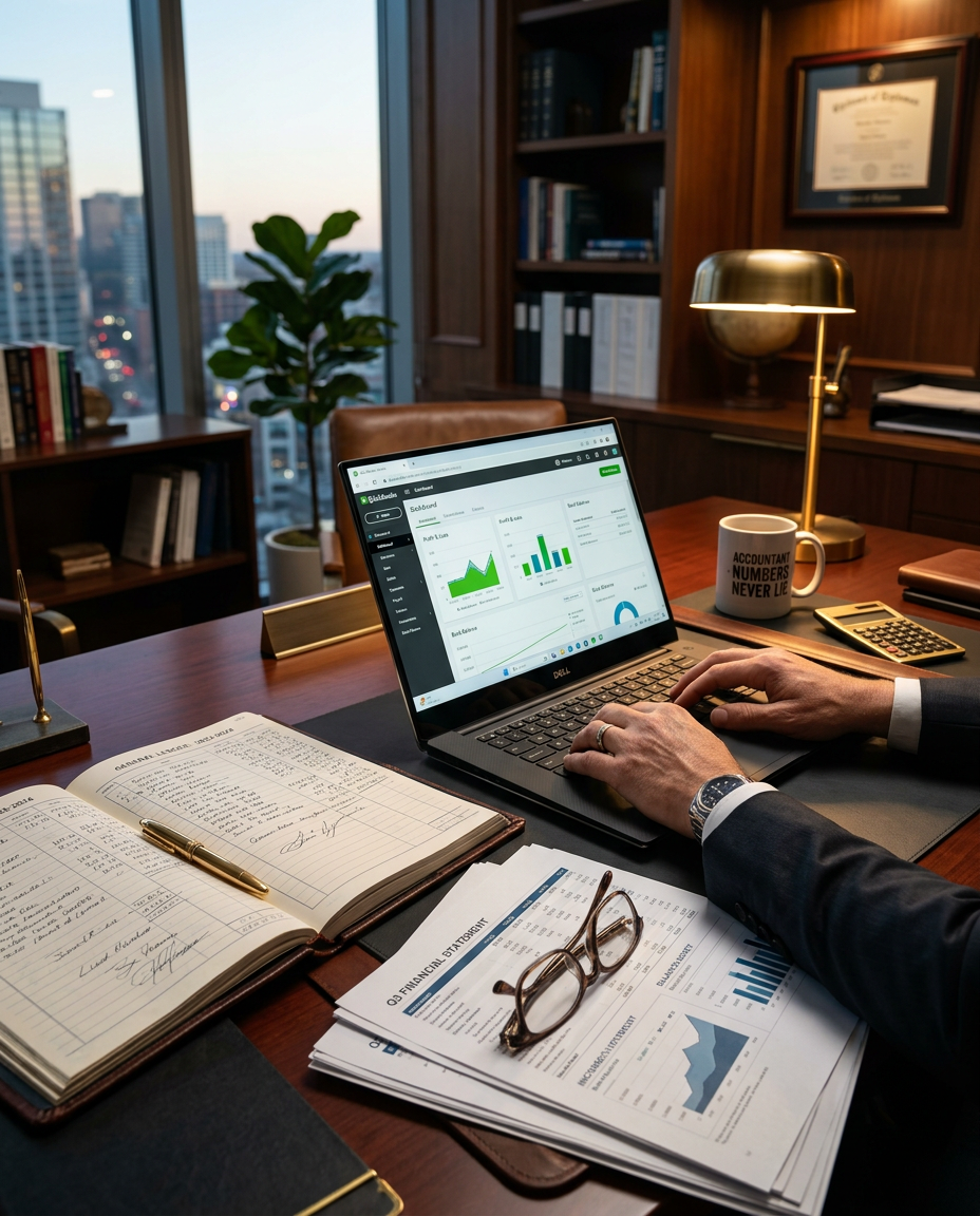 Executive desk with QuickBooks dashboard and financial ledger