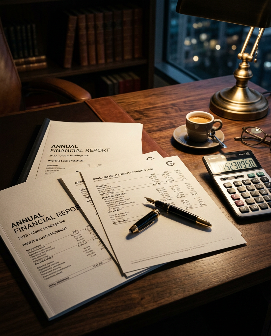 Financial reports and gold pen on a walnut executive desk